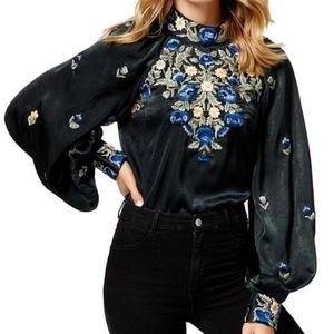 Free People Green Jessica Embroidered Blouse